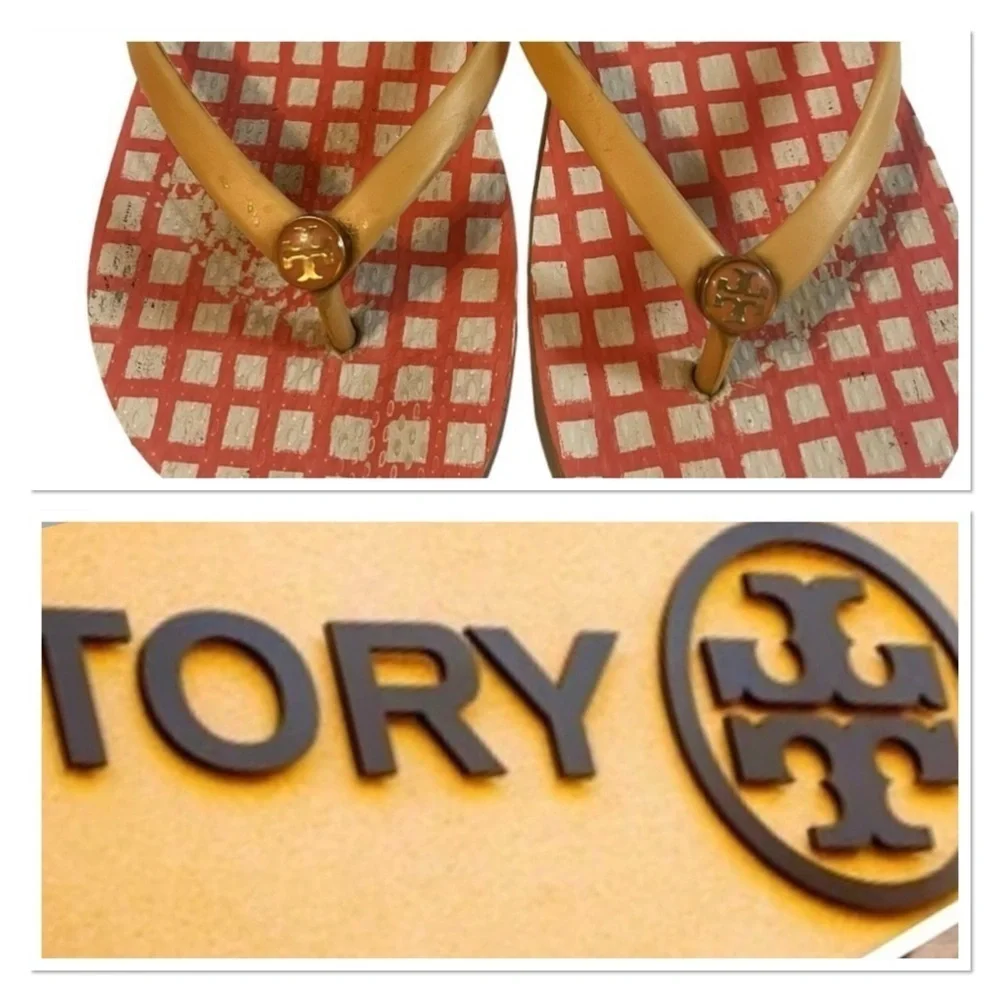 Tory Burch Retro 70's Orange-Red Mod Flip Flops Sz 7 Thong Logo